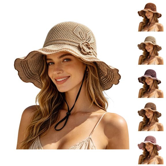 Wide Brim Sun Hats for Women Elegant Flower Hollow out Crochet Knit Bucket Hat Foldable Packable Beach Hat