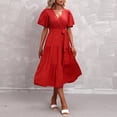 thumbnail image 4 of longantii A-Line Dresses for Women Flowy Short Sleeve V-Neck Sundress Modern Fit Bow Tie Floral Dresses High Waist Beach Vacation Midi Dress Red 2XL, 4 of 8