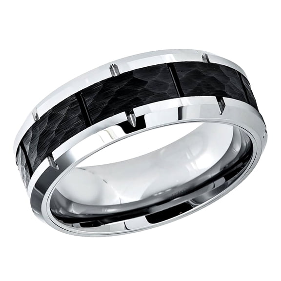Free Engraving Personalized Custom Engraving Men's Women's Tungsten Wedding Band 8mm High Polished Beveled Edge with Notches & Black IP Plated Hammered Finish CenterSZ: 8.5