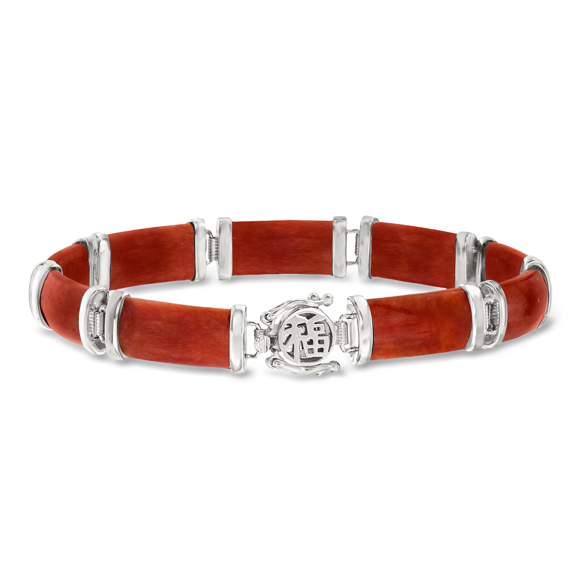 Ross-Simons Red Jade "Good Fortune" Bracelet in Sterling Silver, Women's, Adult
