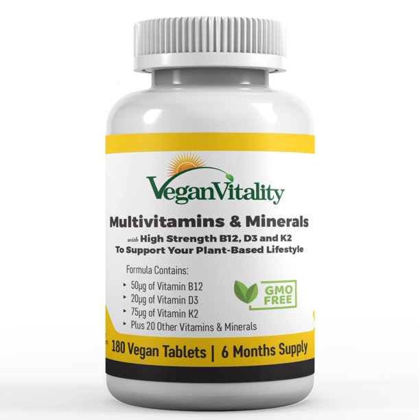 Vegan Multivitamin & Minerals with High Strength Vitamin B12, D3 & K2