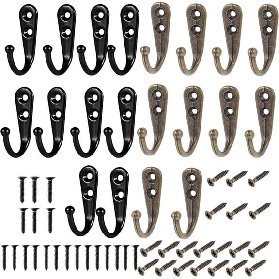 20-Pack Wall Mounted Coat Hooks Set - Decorative Screw-In Hooks for Robes, Hats & Keys (10 Black   10 Bronze) with 20 Screws - Ideal for Bathroom, Bedroom, Garage & Entryway Organization