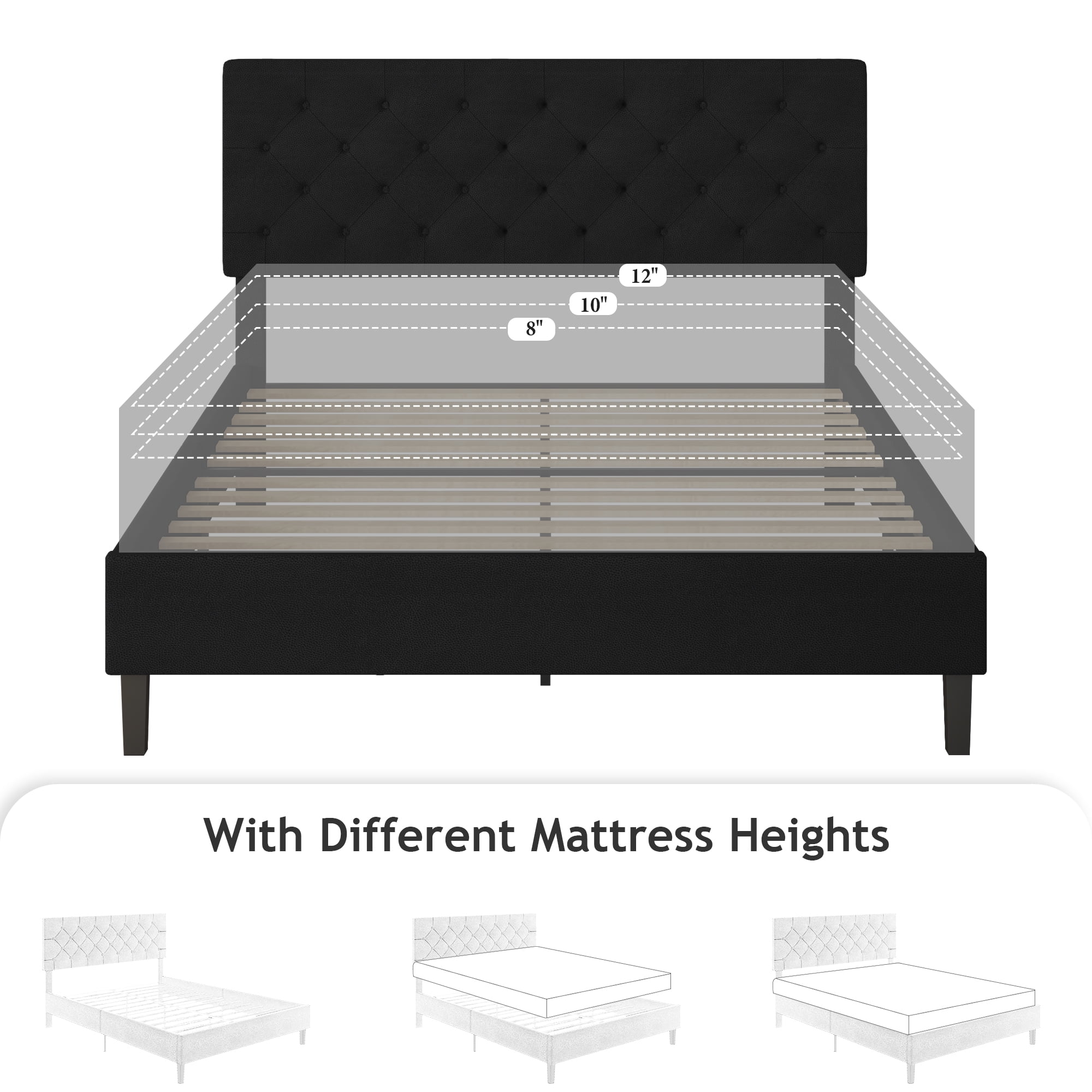 4 EVER WINNER Queen Bed Frame, Queen Upholstered Platform Bed with Button Tufted Headboard, Black