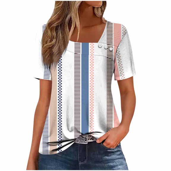 Uaswgudfs Trendy Women Blouses Summer Tops Casual Short Sleeve Square Neck Button-Front Blouse w/ Vertical Seams - Lightweight Cotton Blend Breathable