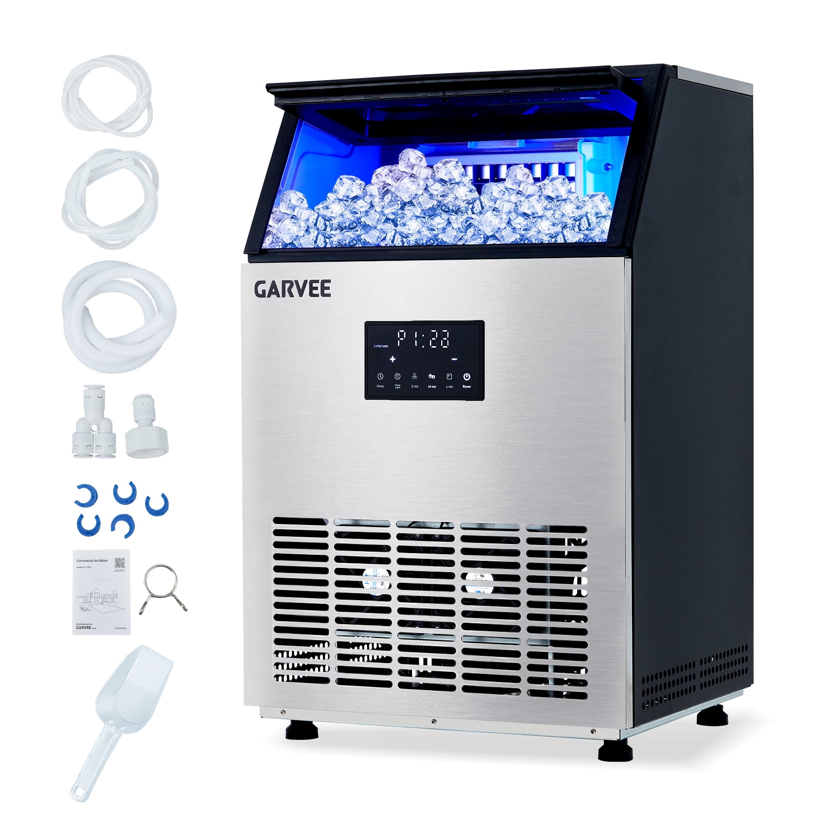 Commercial Ice Maker – 150 lbs/24H Production, 40 lbs Bin, Stainless Steel, Built-in or Freestanding, Self-Cleaning, 3 Ice Sizes – Ideal for Home Bar & Restaurant
