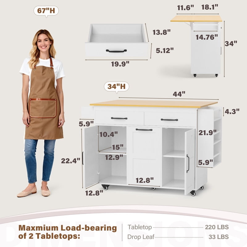 Homall Kitchen Island with Drop Leaf & Storage, Rolling Kitchen Cart with Drawers, Cabinets, Towel Rack and Lockable Wheels for Small Spaces