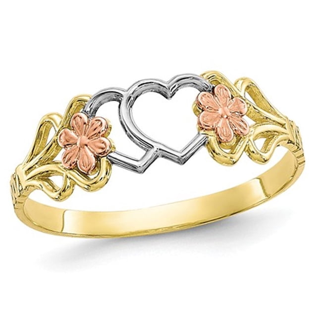 10K Yellow and White, Gold Heart Flower Promise Ring