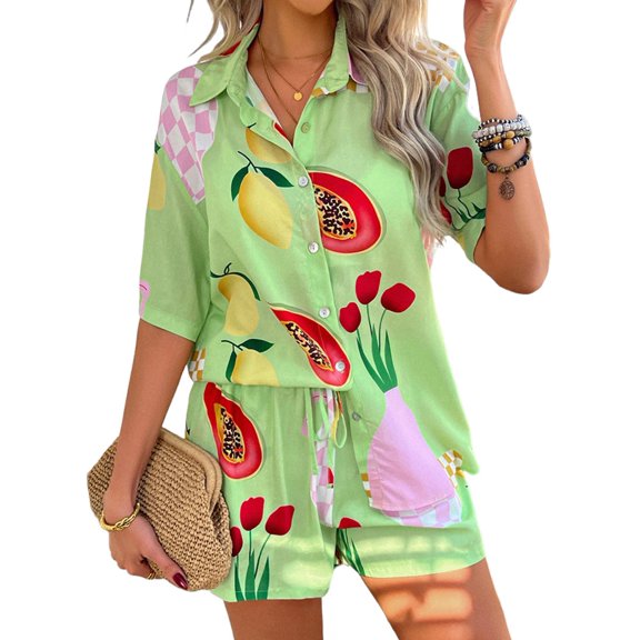 Women'S Soft Summer Floral Tropical Print V Neck Tee Short Sleeve Button Top Shorts 2 Piece Sets Green Bottom Fruit XL