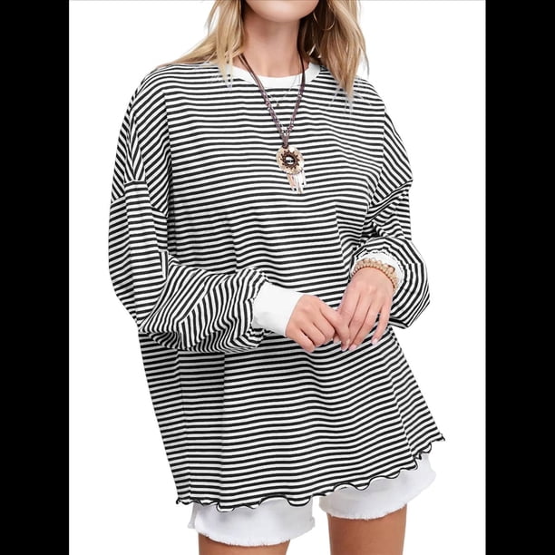 Camiseta de Larga Extragrande para Mujer, Túnica A Rayas con Bloques de Color, Sudadera Holgada de Otoño con Cuello Redondo y Negro XL