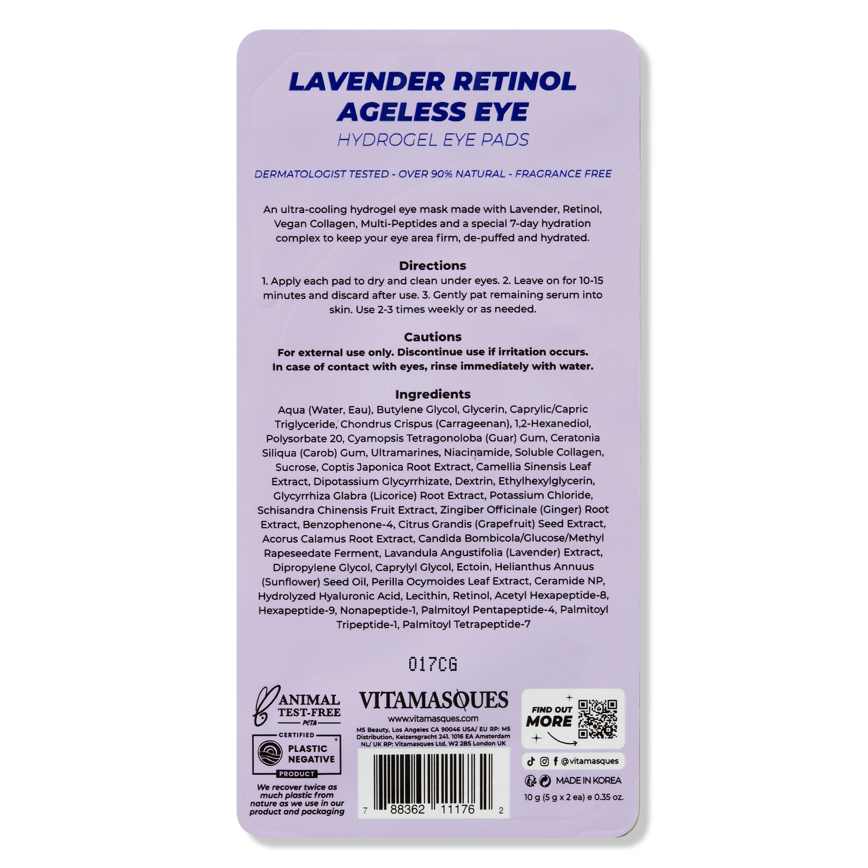 (2 pack) Vitamasques Lavender Retinol Ageless Eye Pads, Ultra-Cooling and Hydrating, for All Skin Types, 1 Pack