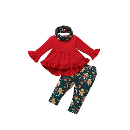 

ZIYIXIN Toddler Baby Girls Christmas Clothes Ruffle Long Sleeve Dress Tops+Deer Print Long Pants+Scarf Outfits Red 18-24 Months