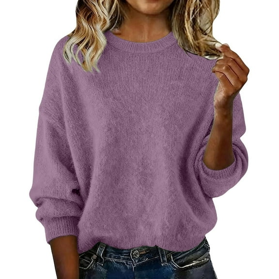 Ltctricy Women's Sweaters Soft Casual Long Lantern Sleeve Crew Neck Knit Pullover Sweater Tops Fleece Warm Jumpers(Purple,X-Large)