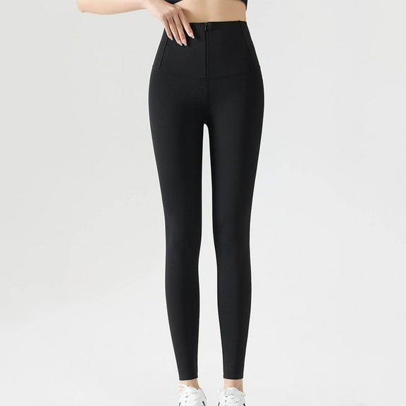 Qulqfy Compression Leggings for Women Black Yoga High-Waisted Butt Lifting Zipper Front Tummy Control Stretch Leggings Womens Pants L
