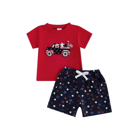 BemeyourBBs Toddler Baby Boy 4th of July Outfit Infant Baby Boys Independence Day Summer Clothes Short Sleeve Embroidery USA Flag in Truck T-shirt with Stars Print Shorts Set
