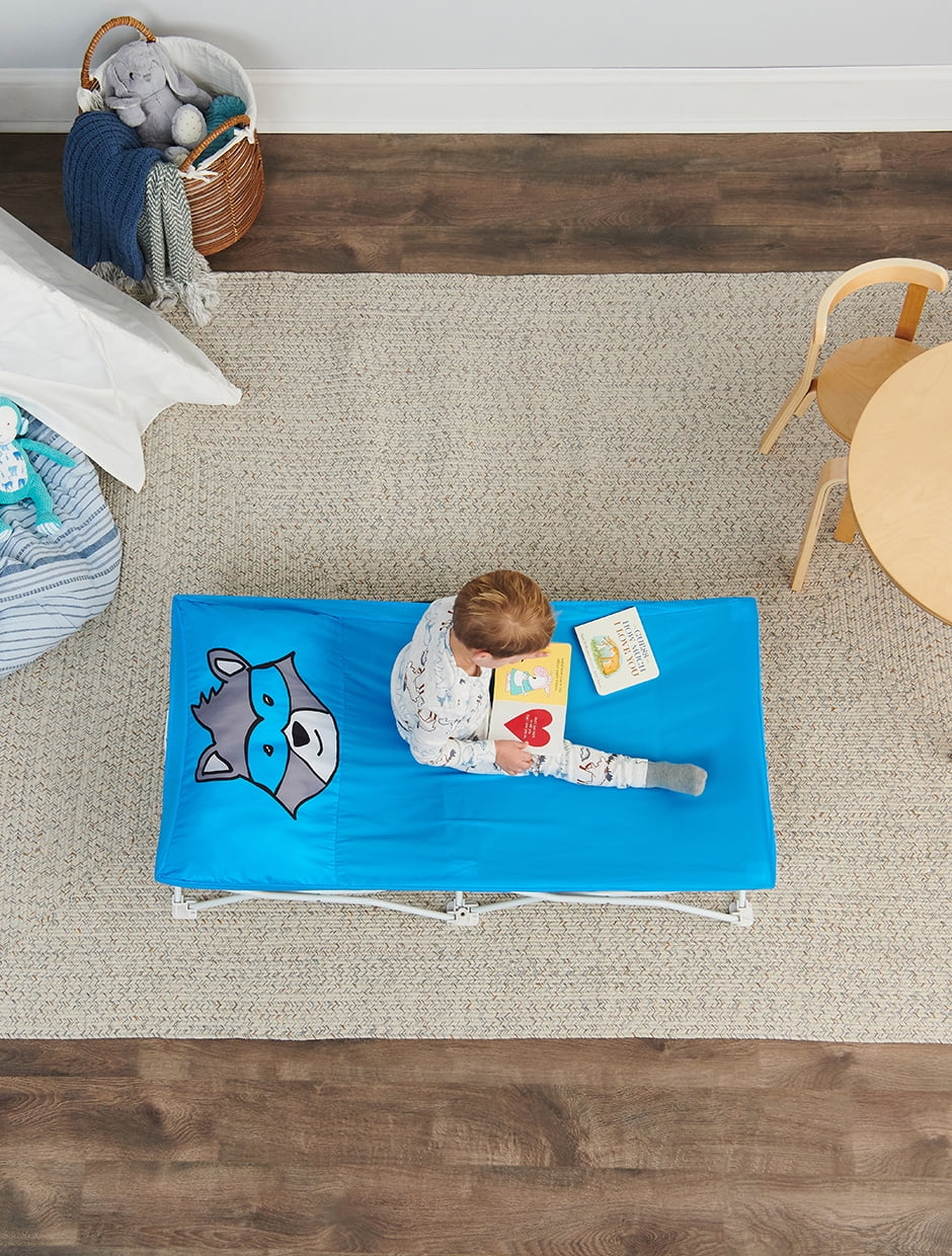 Regalo My Cot Portable Raccoon Toddler Bed with Blue Sheet Set