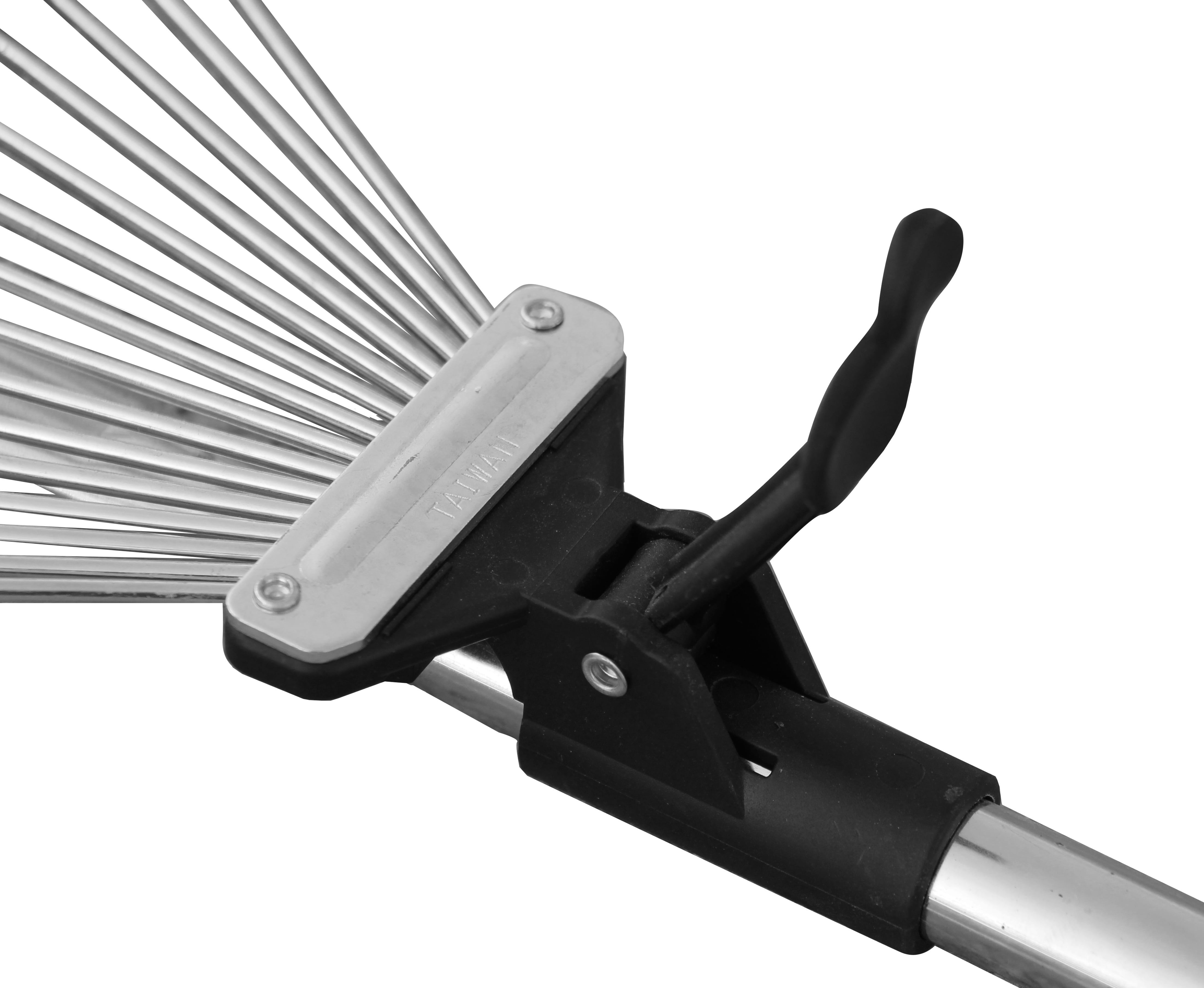 WETS J16A telescopic metal rake, 63 inch adjustable folding leaves rake for quick clean up of lawn and yard, garden leaf rake, expanding handle with adjustable 8-23 inch width folding head.