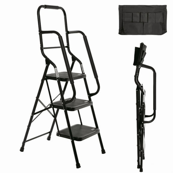 SDJPOI 3 Step Ladder with Handrails, 500 lb Capacity Folding Step Stool, Heavy Duty Steel Step ladder with Wide Non-Slip Pedals & Tool Tray for Home Kitchen, Black