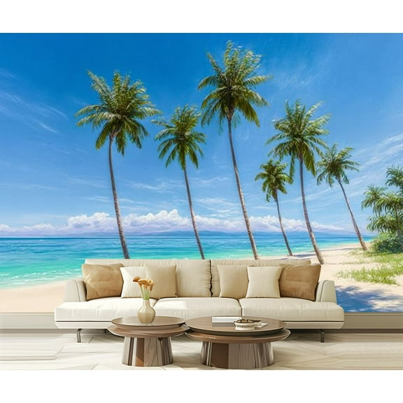 Peel and Stick Wallpaper Waterproof Tropical Palm Sand Beach Palm Trees Beach Ocean Clear Sky Tropical Wall Mural Decor Self Adhesive and Removable 69in x 98in