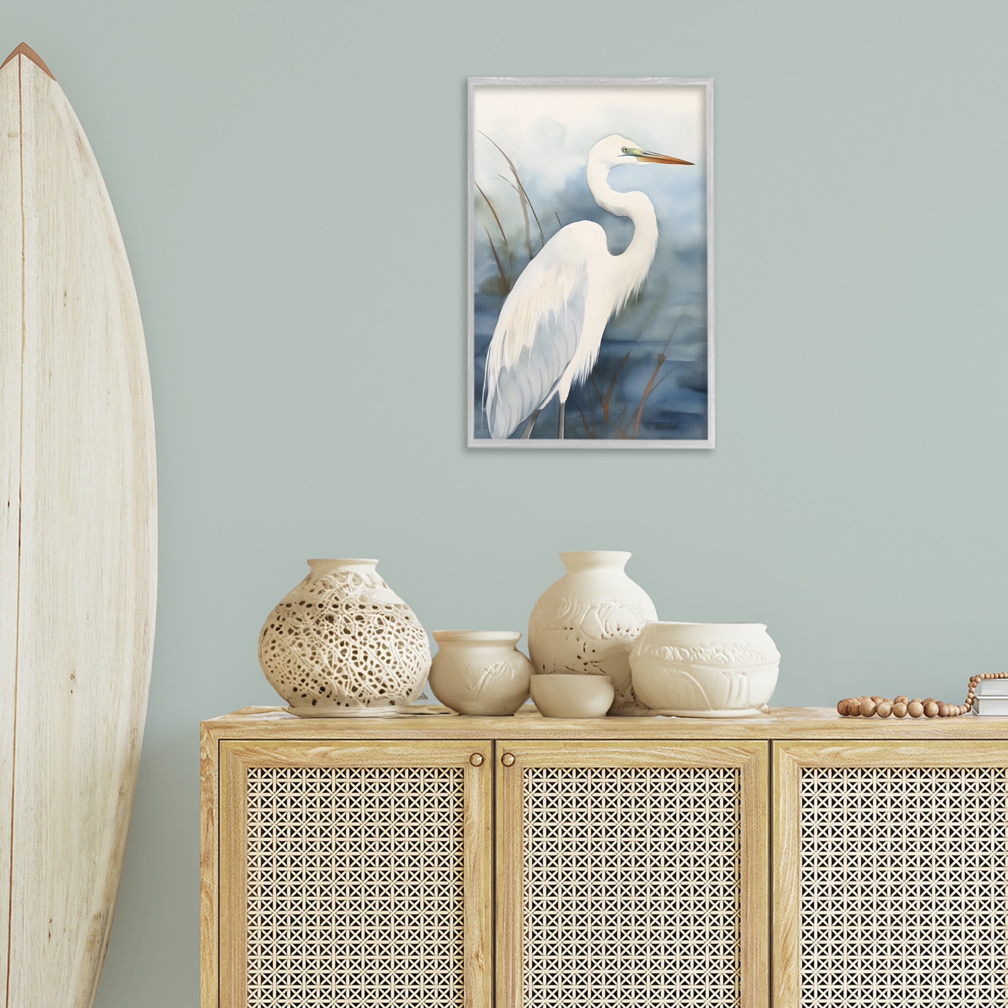 Stupell Industries Soft Egret Impression Animals & Insects Painting Gray Framed Art Print Wall Art, 16 x 24