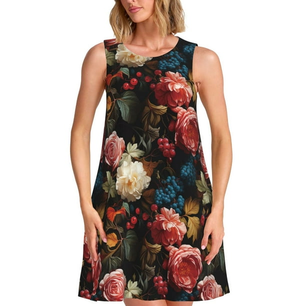 Fotbe Rose Flowers Vestido de Verano sin Mangas para Mujer – Vestido Midi Línea A, Estilo Camiseta Floral, Vestido Playero Casual y Fluido