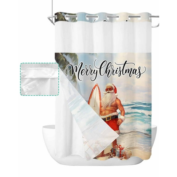 No Hook Shower Curtain with Snap in Liner, Summer Beach Santa Surfing Shell Gift Hotel Shower Curtains for Bathroom, Washable Shower Curtain Liner Set with Mesh Top Window, 48"x72"