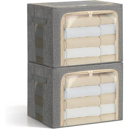 2-Pack Clothes Storage Bags, Foldable Storage Bins with Metal Frame, Clear Window, Reinforced Handles, Durable Non-Woven Fabric for Clothes, Bedding, Blankets, 40L, Gray