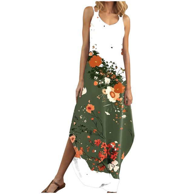 yoeyez Robes d'Été pour Femmes 2025 Maxi Été Sans Manches Longues Robes Florales Col en V Fendue Robe d'Été Grande Taille Fluide Robes de Plage Multicolore,G