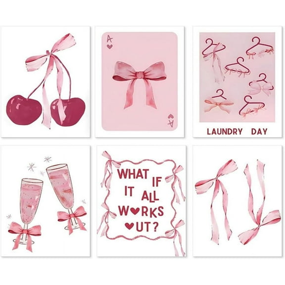Pink Bows Wall Art, Coquette Posters for Room Decor Aesthetic Watercolor Light Pink Bow Canvas Prints Preppy Wall Decor Pictures for Girly College Apartment Decoration 8x10in (UNframed) Set of 6