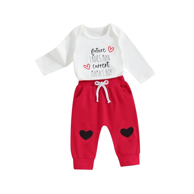 Honganda 0-18 Months Baby Boy Valentine's Day Outfit Letter Heart Long Sleeve Rompers Pants Set Fall Spring 2 Pcs Clothes