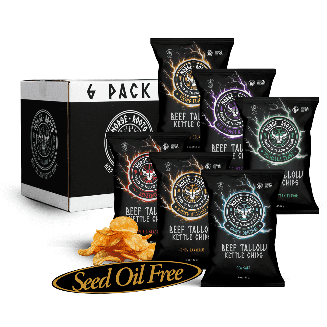 Norse Roots Beef Tallow Potato Chips Variety Pack –  (Sea Salt, Honey BBQ, Rosemary, Cheddar & Sour Cream, Spicy, Salt & Pepper) 5-ounce (Pack of 6)