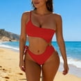 thumbnail image 3 of Tummy Suits Bathing Suits New Women Solid Color Backless Strap Bikini Swimsuit Bikini Color Blocking Off-Shoulder Set Style B-37 Red M, 3 of 5