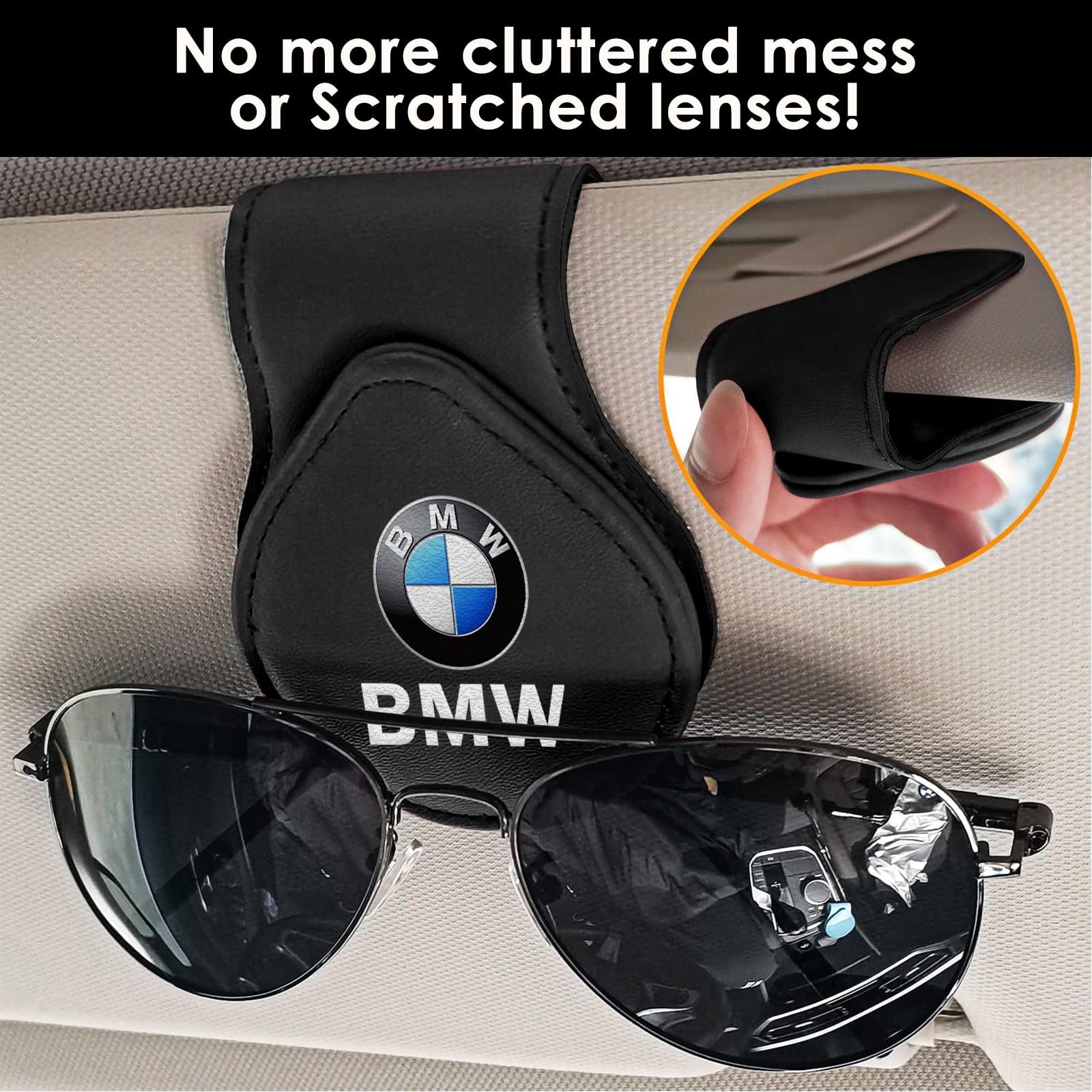 BMW Sunglass Holder for Car, Magnetic Leather Sunglasses Holder and Ticket Card Clip, Car Visor Accessories, 2 Packs (Black)