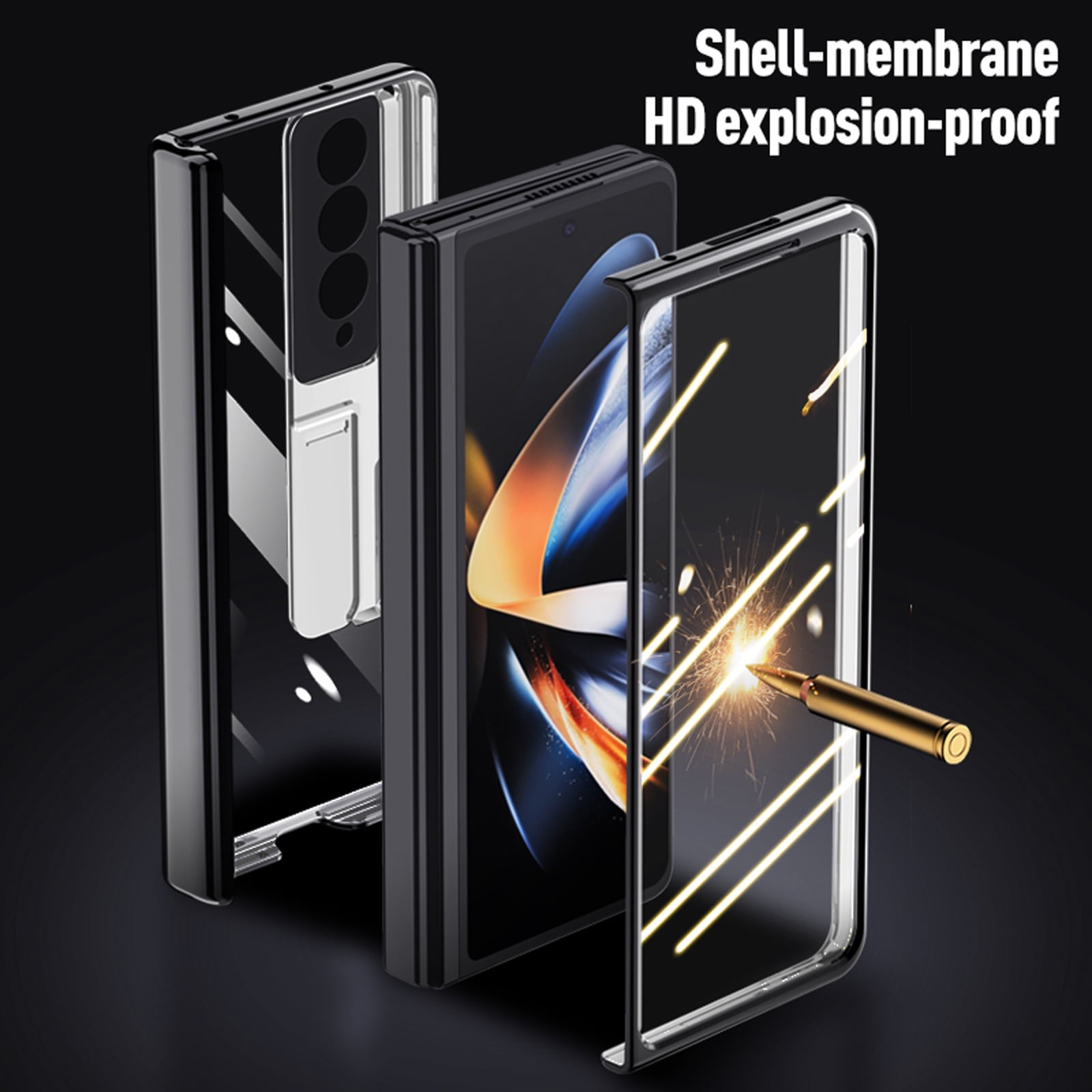 for Samsung Fold 4 Case, Transparent Electroplating Phone Case with Full Cover Hinge Protection, Clear Case with Built-in Screen Protector & Magnetic Kickstand for Galaxy Z Fold 4 5G - Black