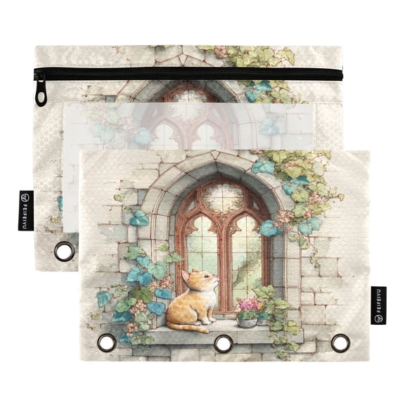2 Pack 3 Ring Binder Pouch with Clear PVC Window Water Resistant Zipper Pencil Pouch Super Cute Orange Cat Binder Pocket for Classroom Office Home Stationery Organization
