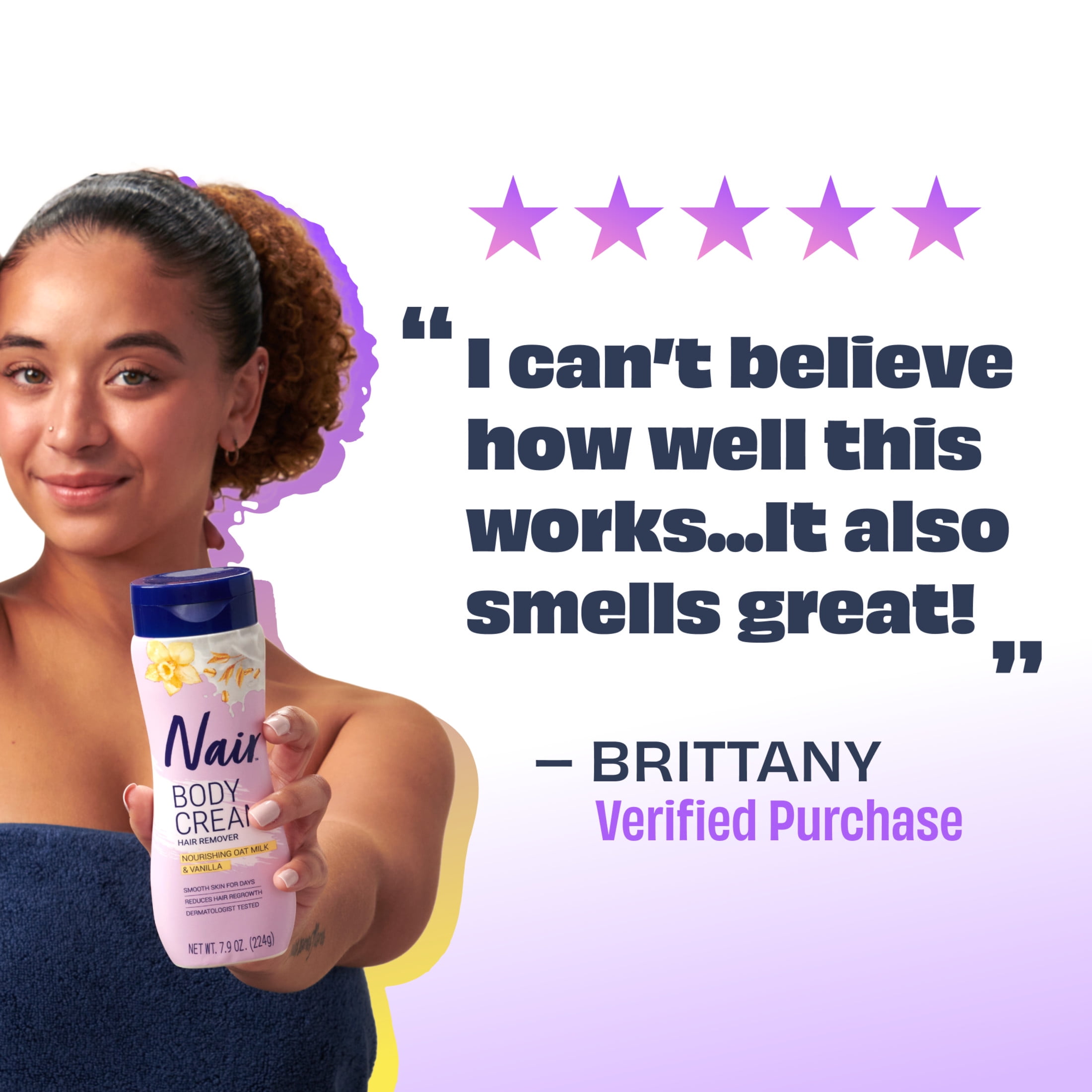Nair Body Cream Hair Remover, Oat Milk & Vanilla, Body Hair Removal Cream for Women, 7.9 oz