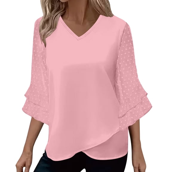 Womens 3/4 Sleeve Shirts V Neck Ruffle Hem Solid Color Blouse Fashion Elegant Flowy Loose Dressy Tops Holiday Party Summer Outfits