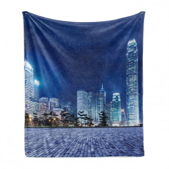 Urban Soft Flannel Fleece Blanket, Hong Kong Skyline Night Architectural Cityscape Skyscrapers Modern Photo, Cozy Plush for Indoor and Outdoor Use, 70" x 90", Purplegrey Royal Blue, by Ambesonne