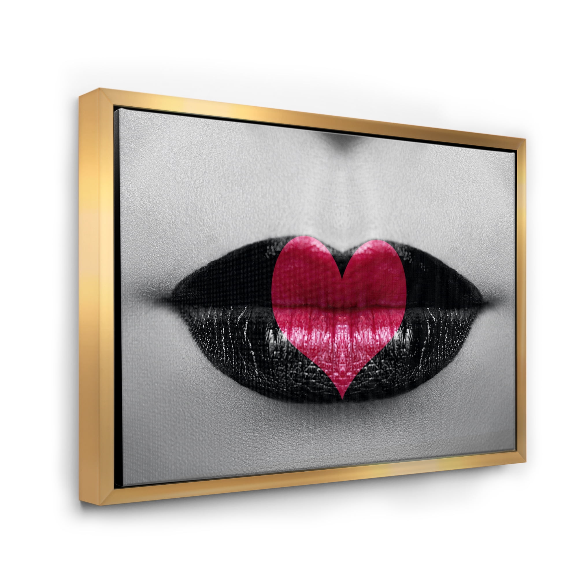 Designart 'Red Heart In Monochrome Lips' Modern Framed Canvas Wall Art Print