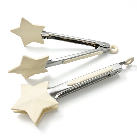 Cook with Color 2-Piece Mini Patriotic Stainless Steel Tongs with 3D Star Silicone Tips, Cream Grip