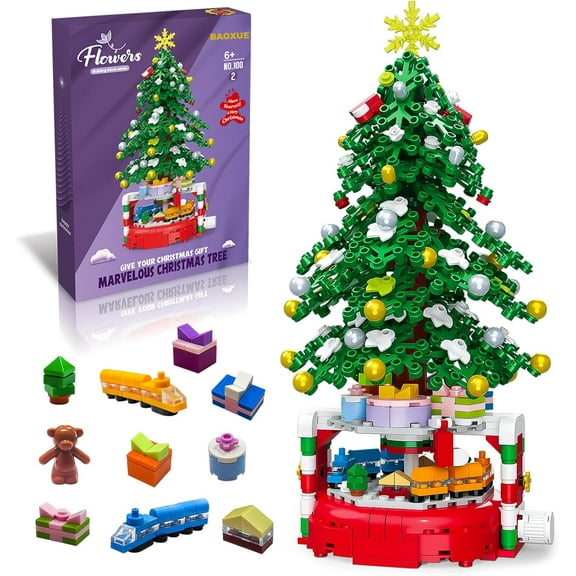 Christmas Tree Building Blocks Set, Rotating Base with Ornaments & Star, Holiday Building Toys Christmas Decorations, Stocking Stuffers for Kids, Perfect Gifts for Boys & Girls(515 PCS)