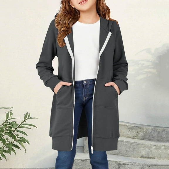 UACY Long Zip up Hoodies for Girls Fleece Zippered Casual Jacket Fall Tunic Coats Oversized Hooded Sweatshirt with Pockets (Dark Gray, 3-4 Years)
