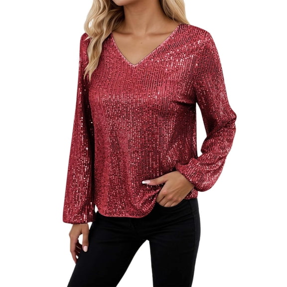 T Shirts for Women Sequin Tops for Women Red Long Sleeve Sparkly Top Shiny Top Women'S Party Tops Womens Holiday Tops Sparkly