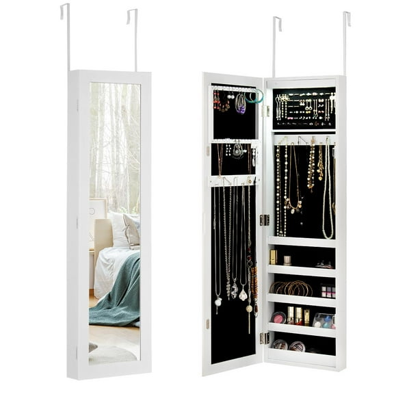 Giantex Jewelry Armoire Organizer w/LED lights, Door/Wall Mounted Jewelry Cabinet w/Full-Length Mirror, Large Storage Capacity