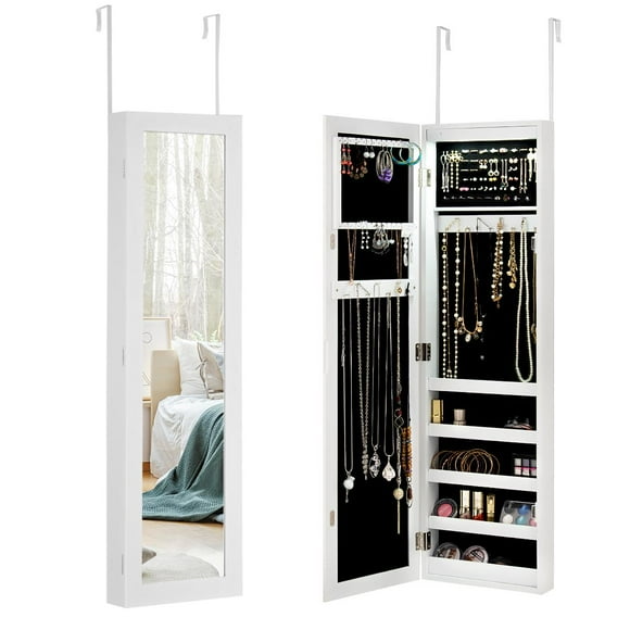 Giantex 12 LEDs Jewelry Armoire Organizer, Door/Wall Mounted Jewelry Cabinet w/Full-Length Mirror, Large Storage Capacity