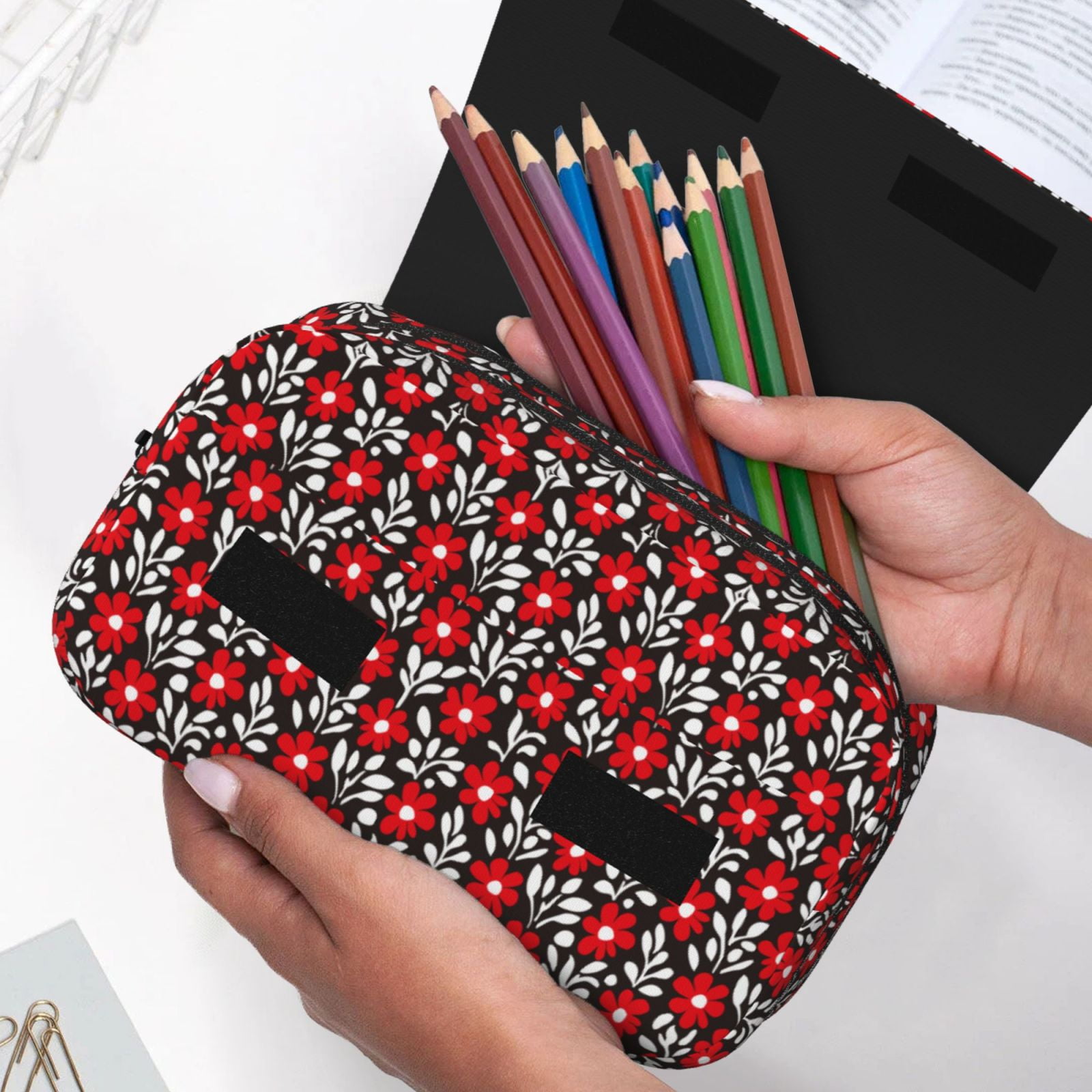 Rateoe Red Floral Pattern Double Clamshell Pen Case, Storage Organizer with Two Zipper Compartments– Holds Up to 50 Pencils & Pens