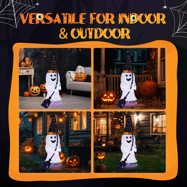 Alvantor 4 ft Lighted Pop-Up Ghost Halloween Decoration with Witch Hat, Broom and 135 White and Purple LEDs, Black and White
