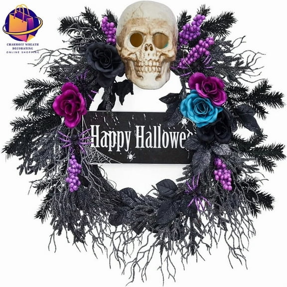 Halloween Wreath for Front Door, Halloween Skull Wreath with Lights, Spooky Halloween Wreaths with Black, Blue, Purple
