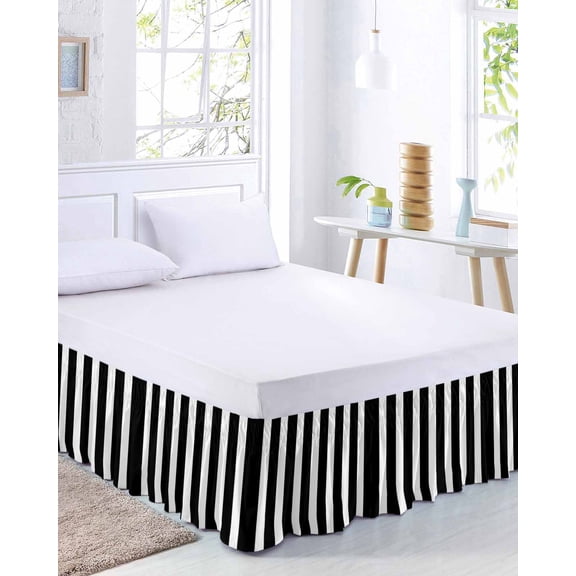 Black and White Stripe Bed Skirt Queen Size 18 Inch Drop, Modern Minimalist Geometric Vertical Linens Adjustable Elastic Dust Ruffles Bedskirt for Queen Bed Wrap Around Pleated Mattress Frame Cover