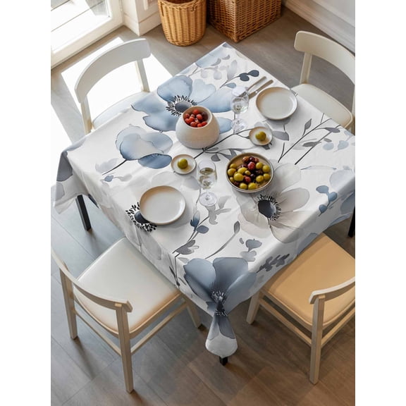 Blue Grey Spring Floral Tablecloth Square Table Cloth 54x54, Waterproof Outdoor Table Cloth Covers Decorative Table Protector, Summer Flowers Botanical Washable Table Cover for Kitchen Dinning Party