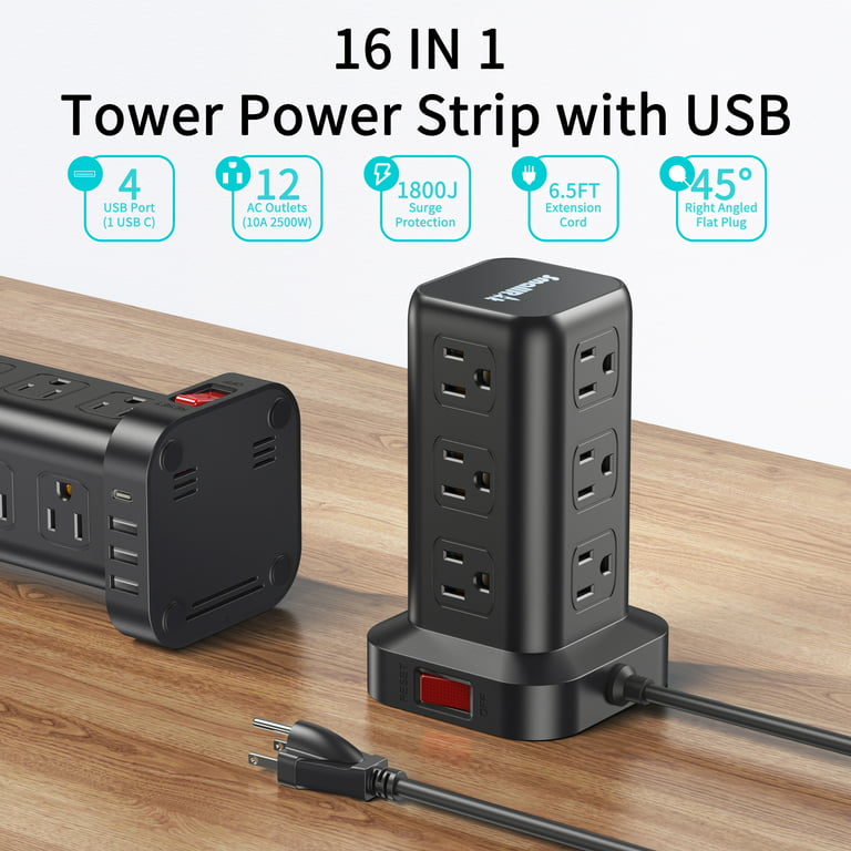 Power Strip Tower 12 Outlets with 4 USB Ports Surge Protector Electric  Charging Station 6.5ft Cord, Black
